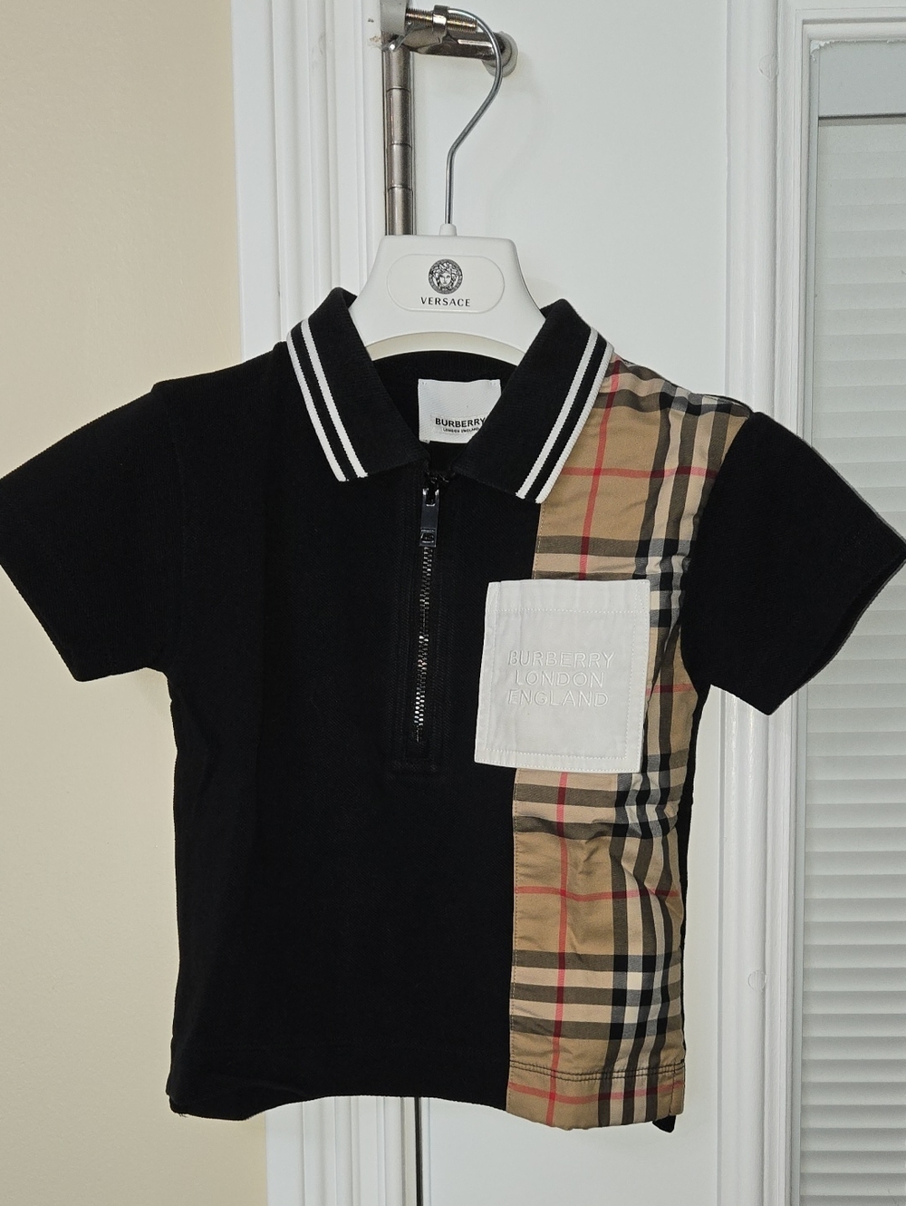 Burberry Black Polo with Vintage Check Panel and White Pocket